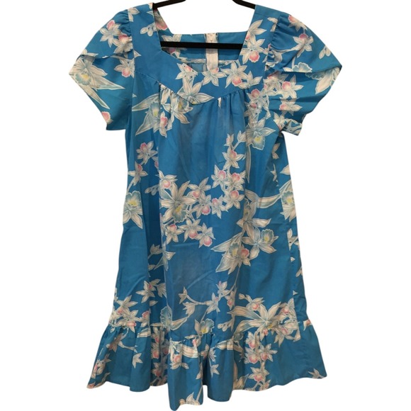 Royal Creations‎ Muumuu Hawaiian Dress Blue Floral Womens Size S Short Sleeve - Picture 2 of 8